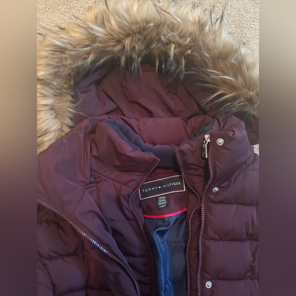 TOMMY HILFIGER Women's Faux-Fur-Trim Hooded Puffer Coat Maroon- Size Large - Picture 4 of 4